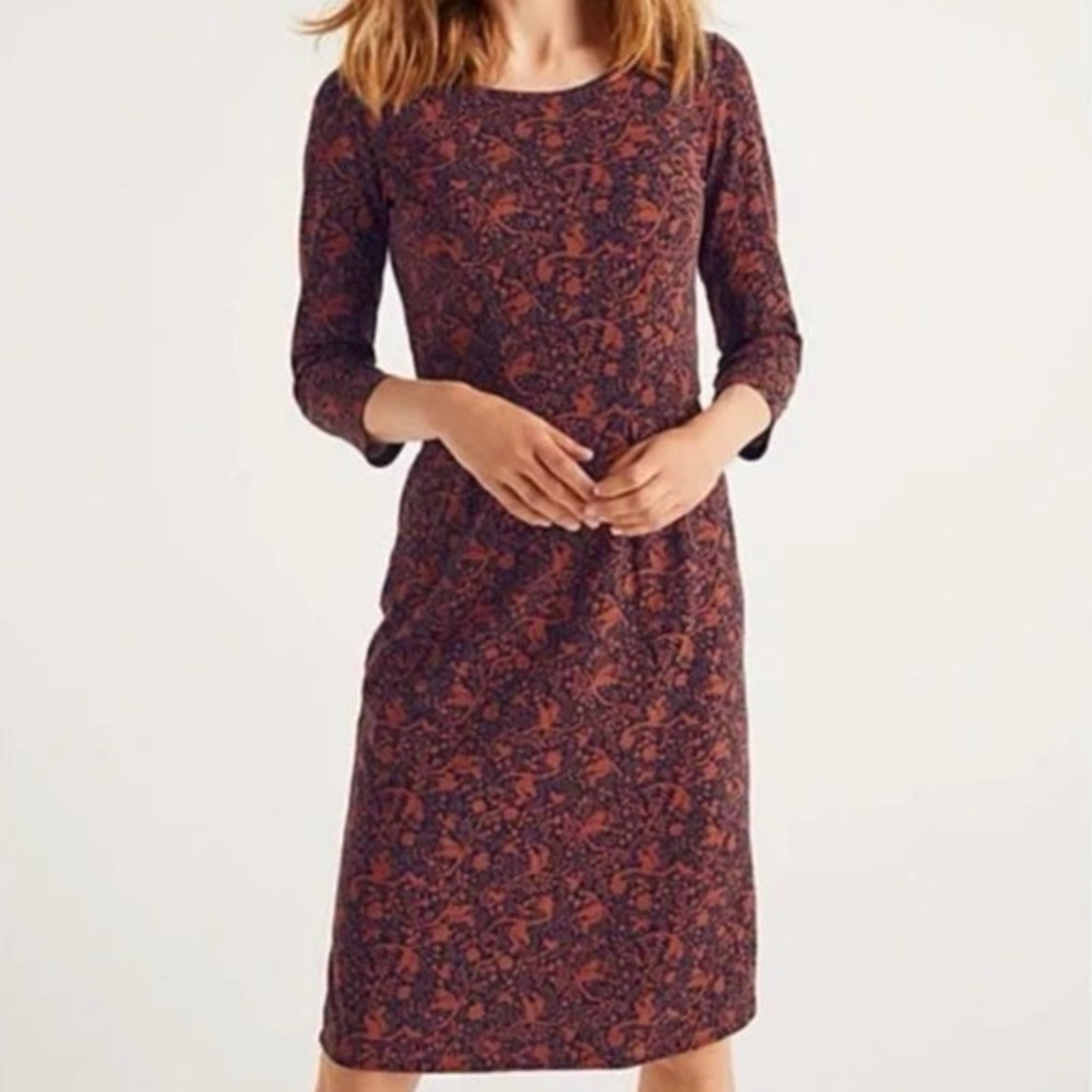 Boden Penny Jersey Three Quarters Sleeve Squirrel Forest Print Dress Size 4P